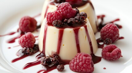 A panna cotta dessert topped with mixed berries, red sauce, and a mint leaf on a white plate.