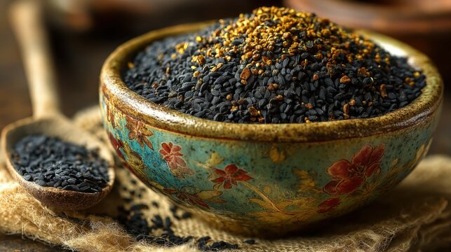 Black cumin seeds in a decorative bowl with a subtle gold glow on natural textile
