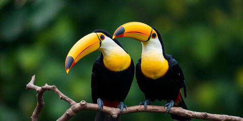 Naklejka premium two toucans perched on a twisted branch against a blurred green background 