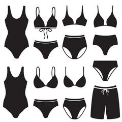 set vector various swimsuit, one piece swimsuit outline, line art,  silhouettes	