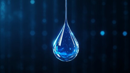 A Single Drop of Vibrant Blue Liquid Hanging in Air Against a Dark Blue Background
