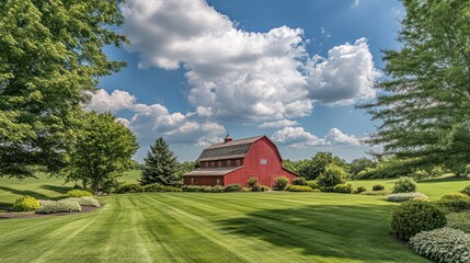 Obraz premium Red Barn, Lush Landscape, Summer Day