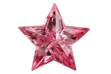 Shiny pink crystal star with faceted edges on black background, cut out