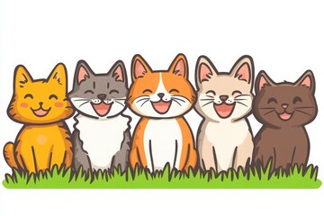 Obraz premium Five cartoon cats sit happily in a row on green grass on white background, each with a cheerful expression and colorful fur patterns.