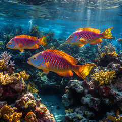 Fototapeta premium A group of brightly colored parrotfish feeding on coral in a tropical reef