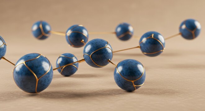 Elegant Blue and Gold Sphere Necklace - Close-up of a stylish necklace featuring interconnected blue spheres with gold detailing. Luxury, modern design