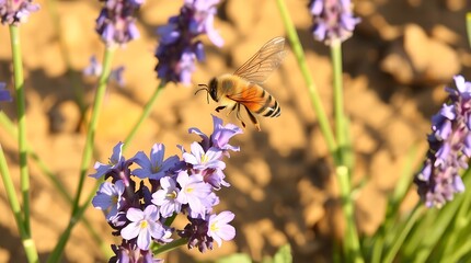 A honeybee hovering near purple lavender flowers in a field on a sunny day in the garden space