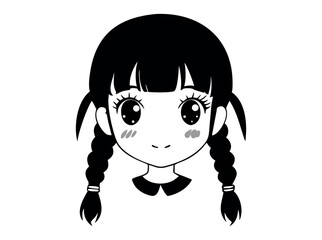 Cute anime girl with pigtails looking upwards in a black and white illustration.anime girl, anime character, cartoon girl, pigtails, braids, illustration, black and white, line art, manga style, cute,