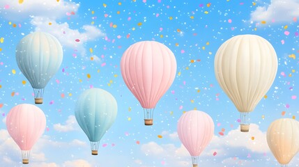 Naklejka premium Pastel Hot Air Balloons Flying in Blue Sky with Confetti