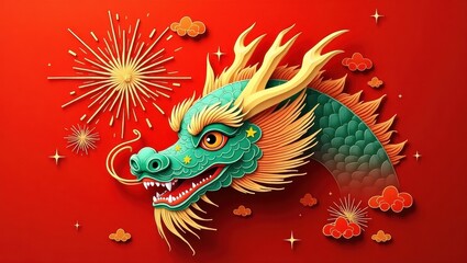 Fototapeta premium Festive Chinese Dragon Head with Firework Design Paper Cut Art Lunar New Year