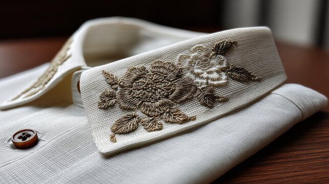 Detail of Philippine barong tagalog collar on smooth silk with elegant embroidery