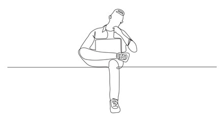 Fototapeta premium continuous one line art of a man sitting alone in front of a laptop. vector illustration