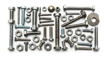 Hardware Assortment: Bolts, Nuts, and Washers - Collection of various metal fasteners, including bolts, nuts, washers, and screws, arranged on a white background. Ideal for industrial or DIY projects