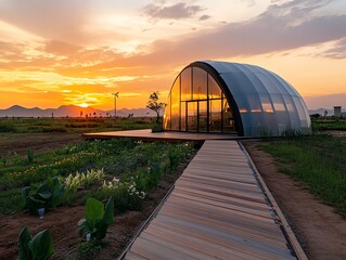 Tape reinforcing a biodome structure under soft sunlight