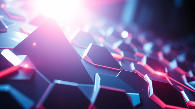 Futuristic geometric surface with glowing hexagonal and triangular patterns illuminated by neon light