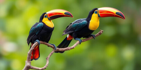 Fototapeta premium two toucans perched on a twisted branch against a blurred green background 
