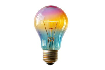 Colorful gradient light bulb with blue and orange hues on black background, cut out
