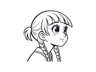 Cute anime girl with pigtails looking upwards in a black and white illustration, A captivating, black-and-white line drawing of a young anime girl. anime girl, anime character, cartoon girl, pigtails,