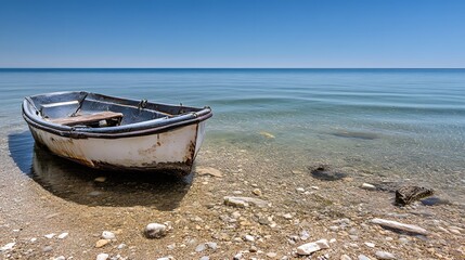 Obraz premium Old Wooden Rowboat on Pebbly Beach Seashore Summer