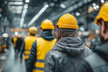 A group of workers wearing safety helmets and reflective vests walking in an industrial factory, with one worker looking back at the camera while others stand together discussing w