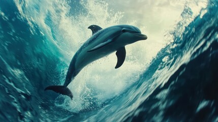 Naklejka premium Dolphin leaping ocean wave