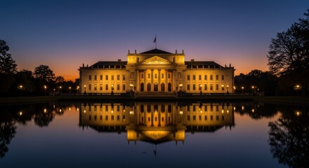 Obraz premium Majestic Palace at Dusk - A grand palace illuminated at twilight, reflecting beautifully in a calm body of water. Serene and majestic