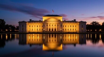 Obraz premium Majestic Palace at Twilight - A grand palace illuminated at dusk, reflecting beautifully in a calm body of water. Serene and elegant