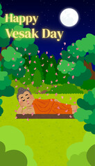 Happy Vesak day greeting card or poster with Buddha purnima, sleeping Buddha on the forest at night (original illustration, not AI-generated)