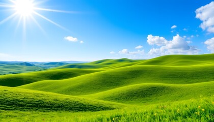 Obraz premium Lush green hills rolling under a bright blue sky filled with fluffy white clouds above