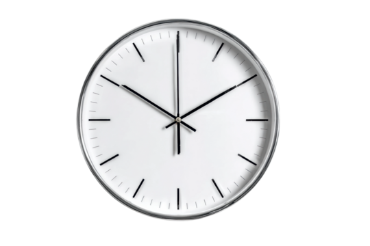Minimalistic wall clock with black hands on a white face showing 10:09, cut out