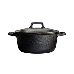 A cast iron Dutch oven with lid, black finish, floating with no background.