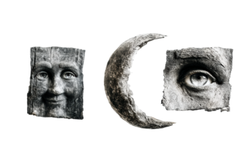Mystical faces and crescent moon on black background, cut out