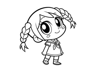 Cute anime girl with pigtails looking upwards in a black and white illustration, A captivating, black-and-white line drawing of a young anime girl. anime girl, anime character, cartoon girl, pigtails,