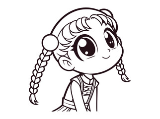 Cute anime girl with pigtails looking upwards in a black and white illustration, A captivating, black-and-white line drawing of a young anime girl. anime girl, anime character, cartoon girl, pigtails,