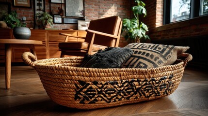 Obraz premium Flat oval basket with palm fibers and geometric accents in modern living space