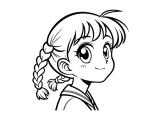 Cute anime girl with pigtails looking upwards in a black and white illustration, A captivating, black-and-white line drawing of a young anime girl. anime girl, anime character, cartoon girl, pigtails,