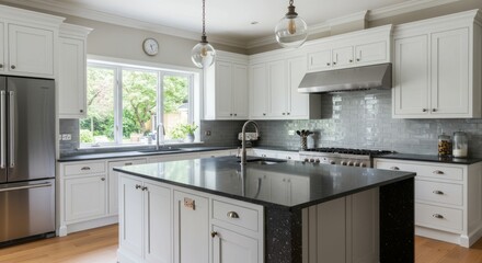 Modern White Kitchen Island Design - Elegant modern kitchen featuring a large island with dark countertop, white cabinetry