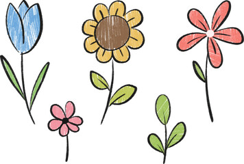 cute children crayon pencil drawing of flowers and leaves. collection of floral doodle hand drawn kid art isolated on white background