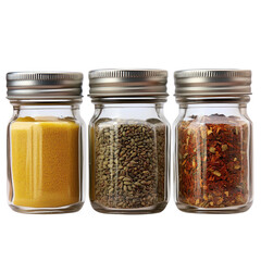 A set of spice jars with metal lids, minimalist glass design, no background.