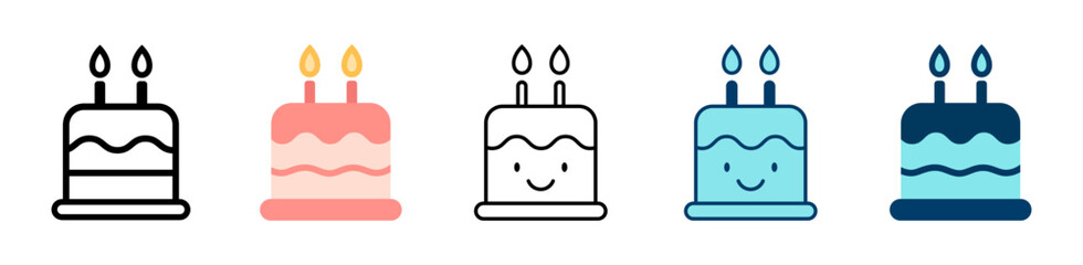 Set of 5 birthday cake icons with two candles in outline, flat, and filled styles. Includes pastel and bold color versions. Perfect for party themes, greeting cards, and UI elements. Icons.
