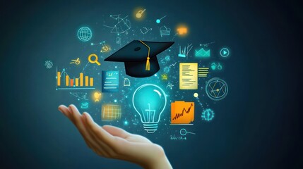 Hand holding an array of education-related concepts