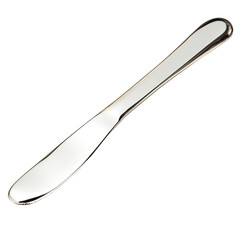 A stainless steel butter knife, rounded tip, polished, floating.