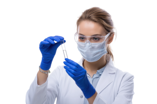 Caucasian female scientist analyzing test tube in laboratory setting, cut out