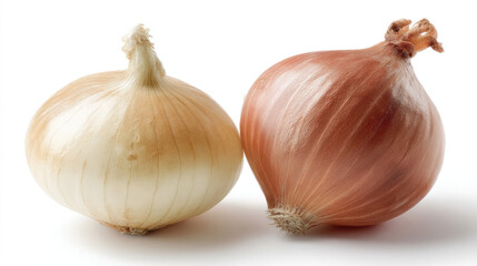 Fototapeta premium Two whole onions, one light beige/tan, one reddish-brown, side-by-side on white background