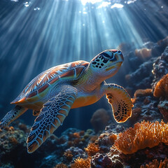 Fototapeta premium A sea turtle gracefully navigating through a coral reef with sunlight above