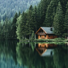 Fototapeta premium Lakeside cabin in forest
