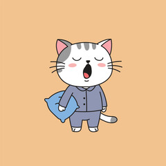 Cute cartoon cat in pajamas yawning and holding a pillow, perfect for bedtime themes, children’s content, sleep illustrations, and adorable pet character designs.