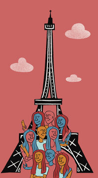 Crowd of tourists visit Paris