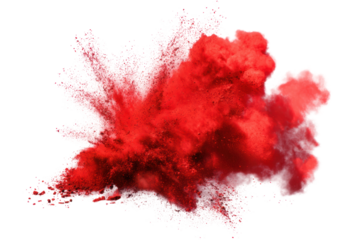 Dynamic red powder explosion capturing energy and vivid motion, cut out