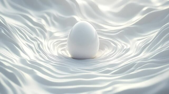 Pristine white egg nestled in flowing white abstract liquid surface